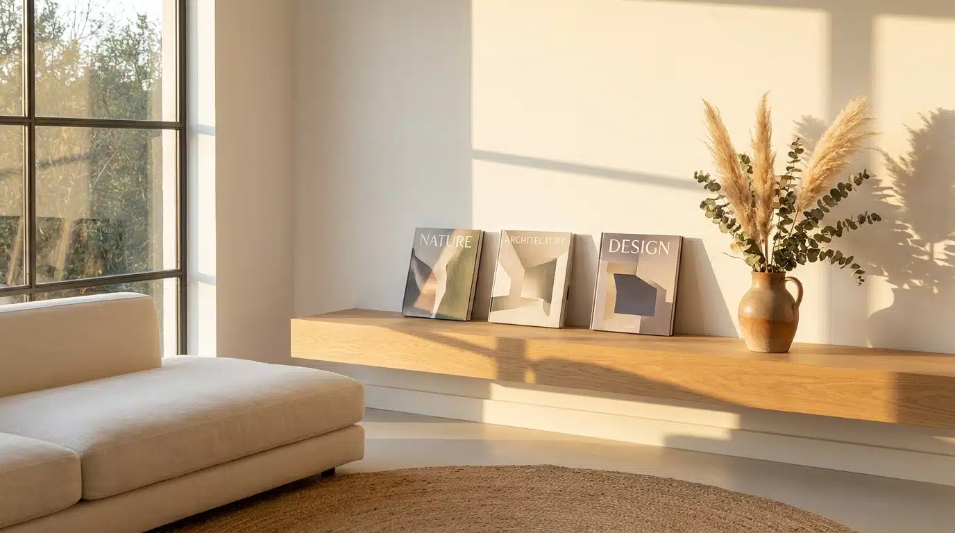 Console murale épurée avec livres présentés de face dans un salon lumineux