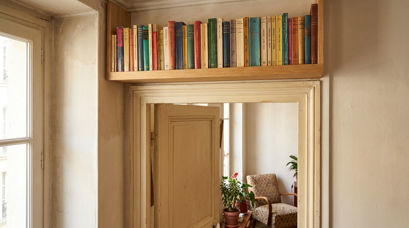 Étagère de livres installée au-dessus d'une porte dans un petit appartement
