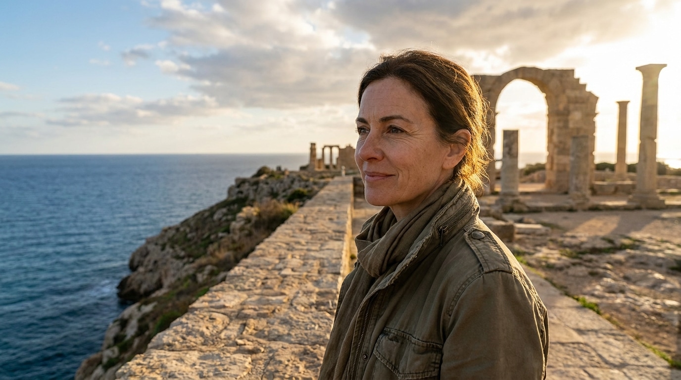 Femme contemplant des ruines antiques face à la mer