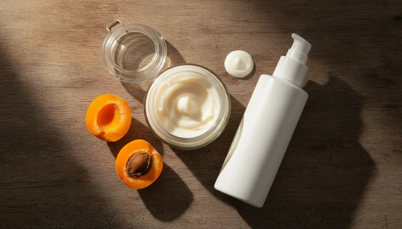 Beurre de karité, abricots et lait corps sur une table