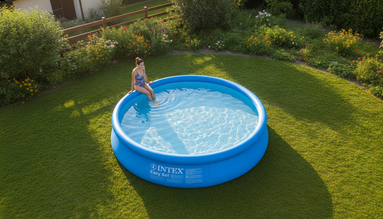 Piscine gonflable Intex Easy Set installée dans un jardin ensoleillé