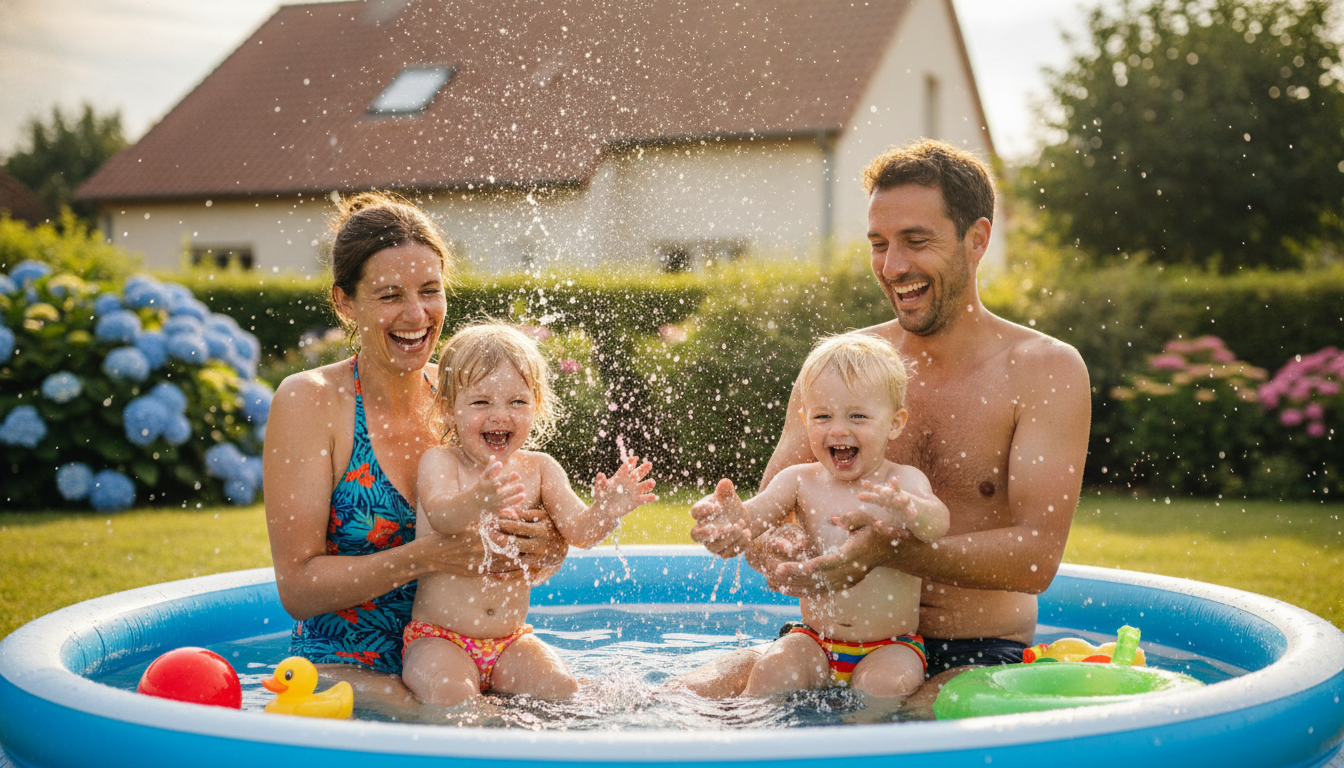 Famille avec enfants jouant dans une piscine gonflable ronde