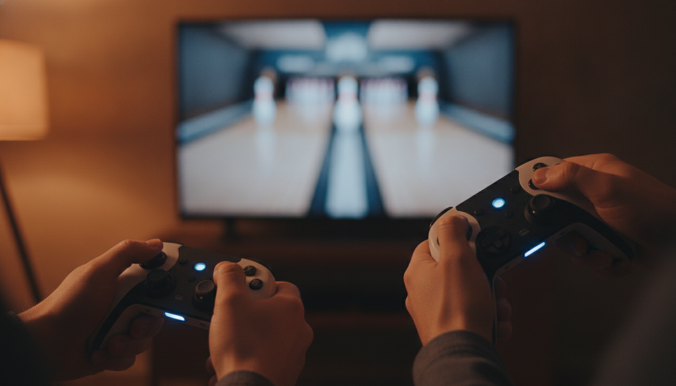 Mains tenant des Joy-Con en position de bowling