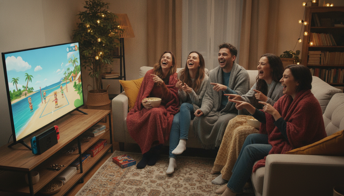 Amis riant devant un jeu de sport sur Switch 2