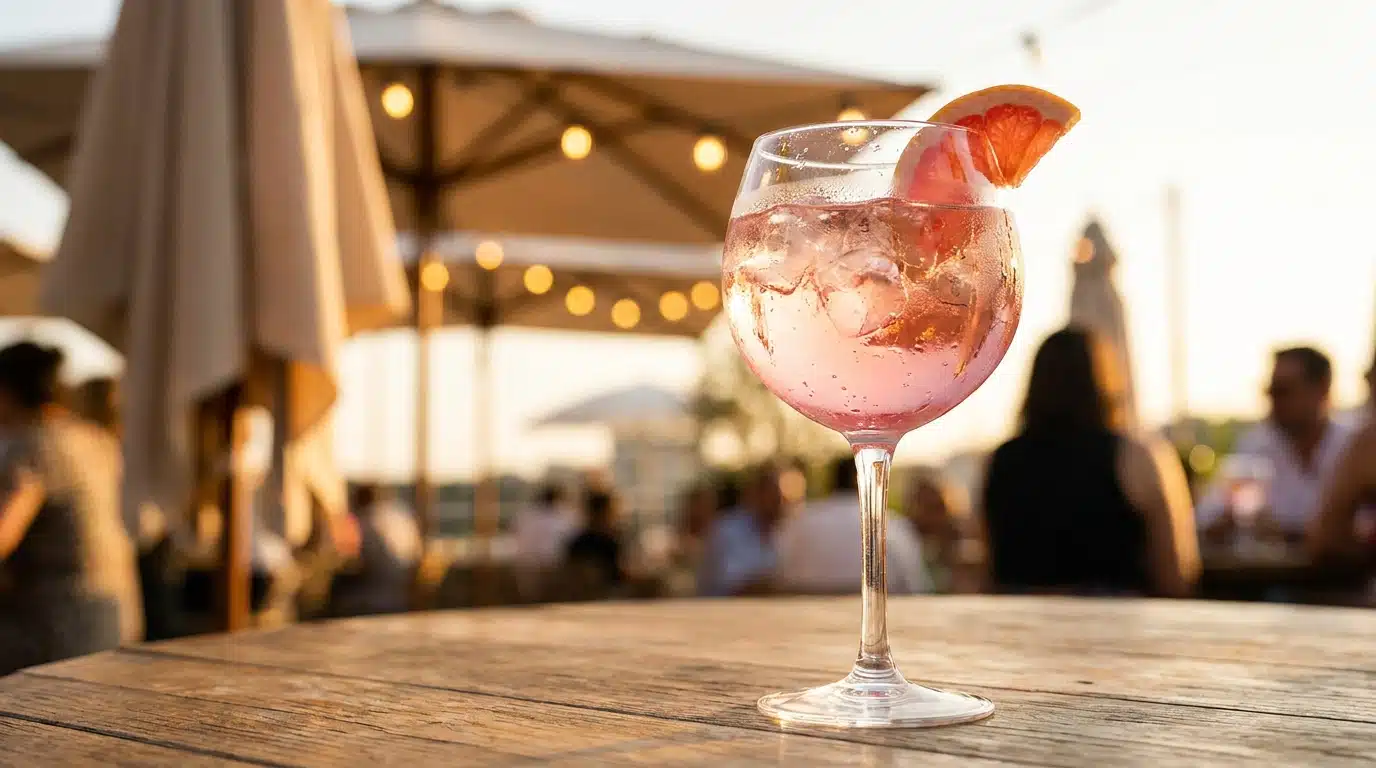 Verre ballon de spritz rosé avec glaçons et pamplemousse en terrasse
