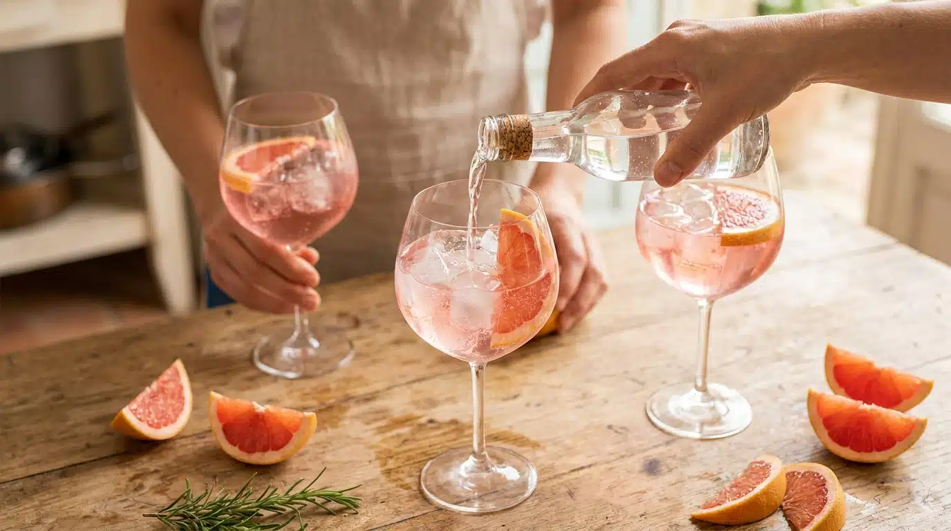 Préparation d'un spritz au Lillet Rosé avec tonic versé sur glaçons