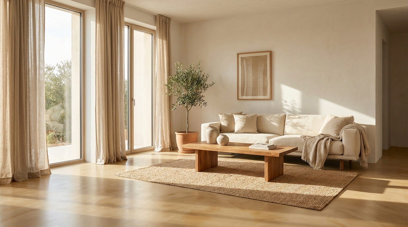 Salon moderne avec sol en résine naturelle teintes terreuses