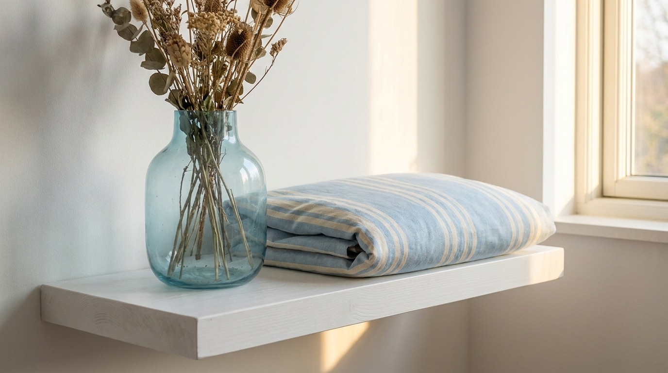 Vase en verre bleu glacier et coussin rayé sur étagère blanche