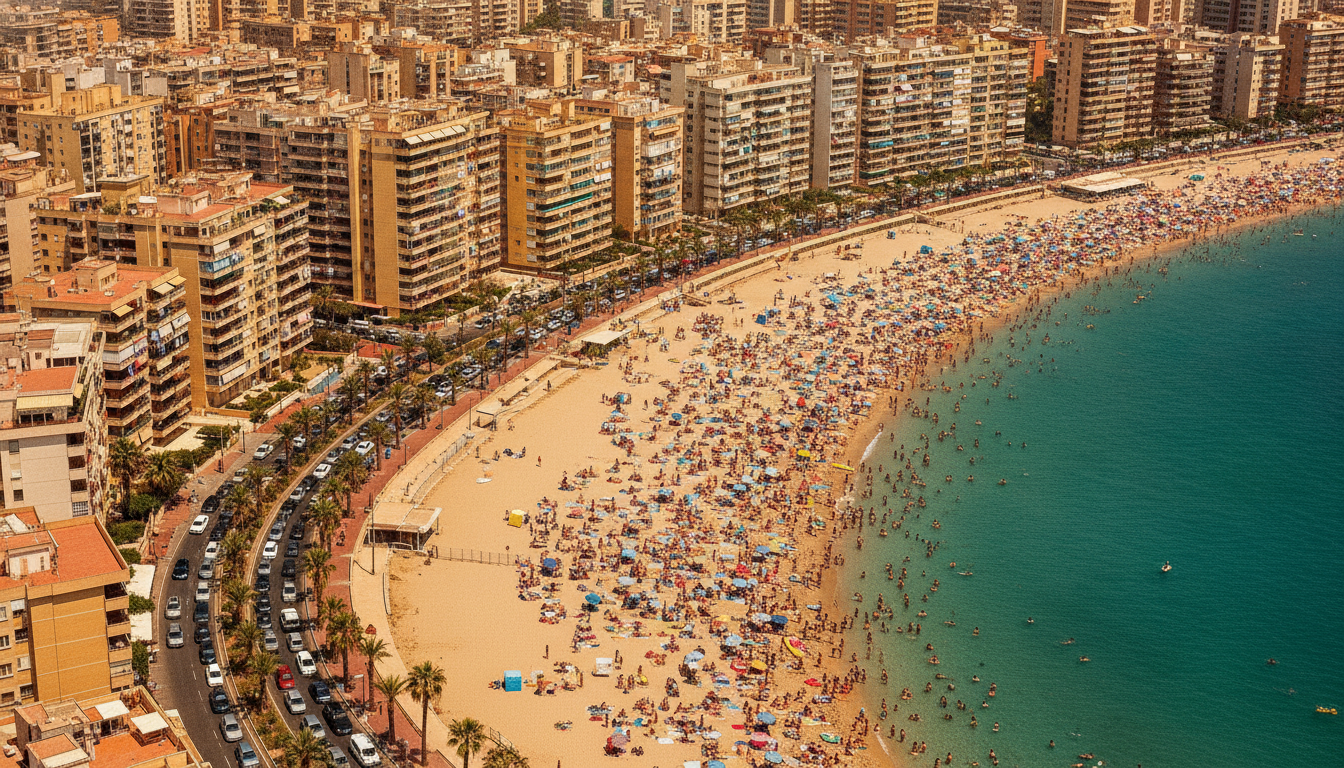 Plage bondée et embouteillages au Cap d'Agde en été