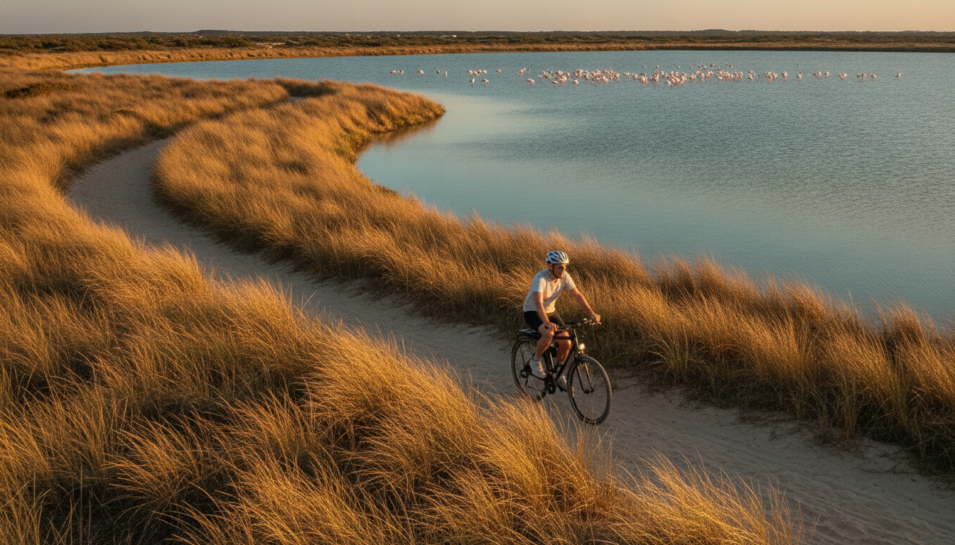Piste cyclable entre dunes et lagune avec flamants roses