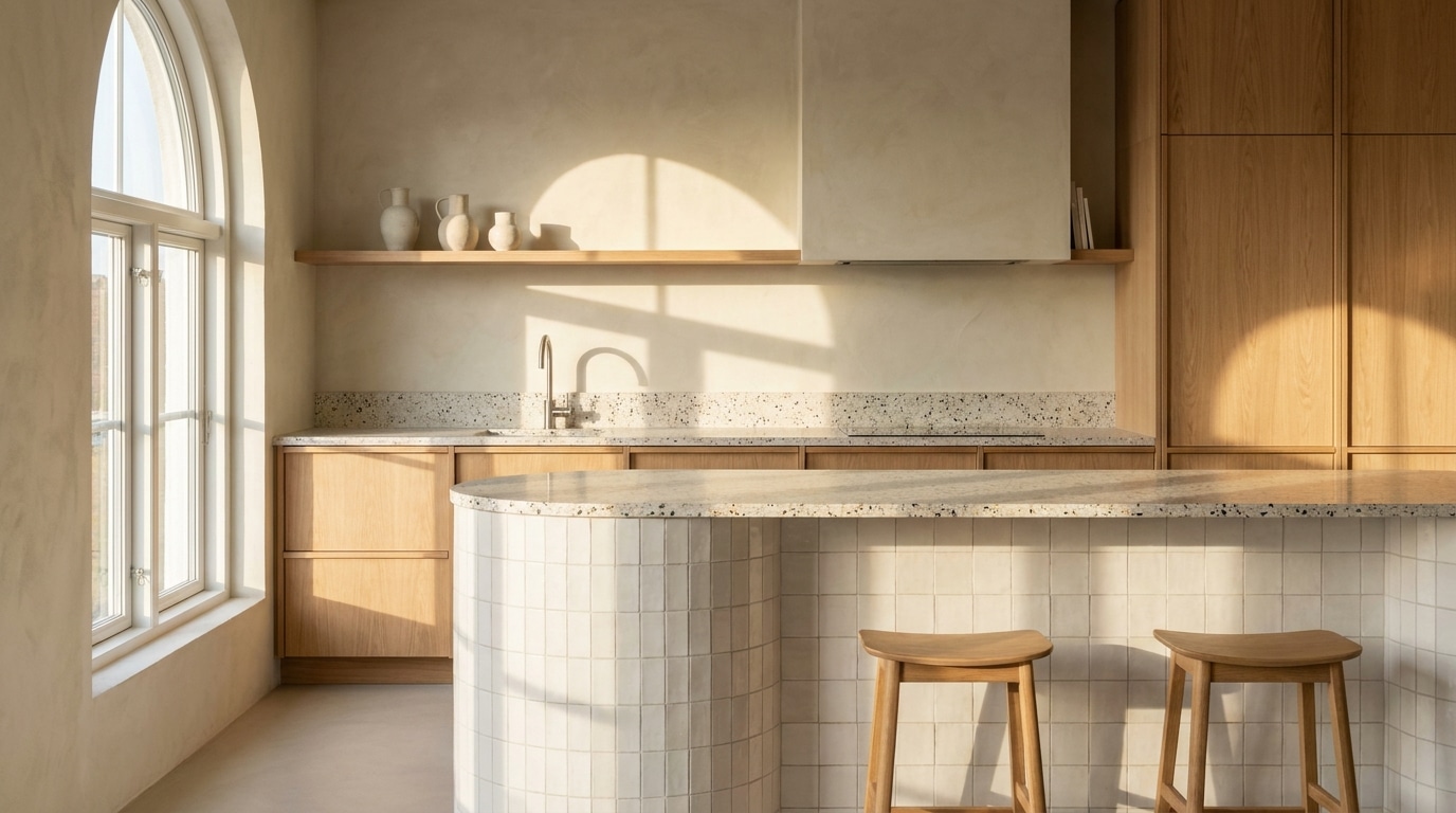 Îlot de cuisine arrondi en carrelage blanc et terrazzo