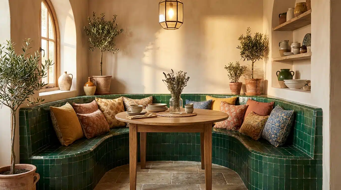Banquette arrondie recouverte de zelliges verts dans un coin repas