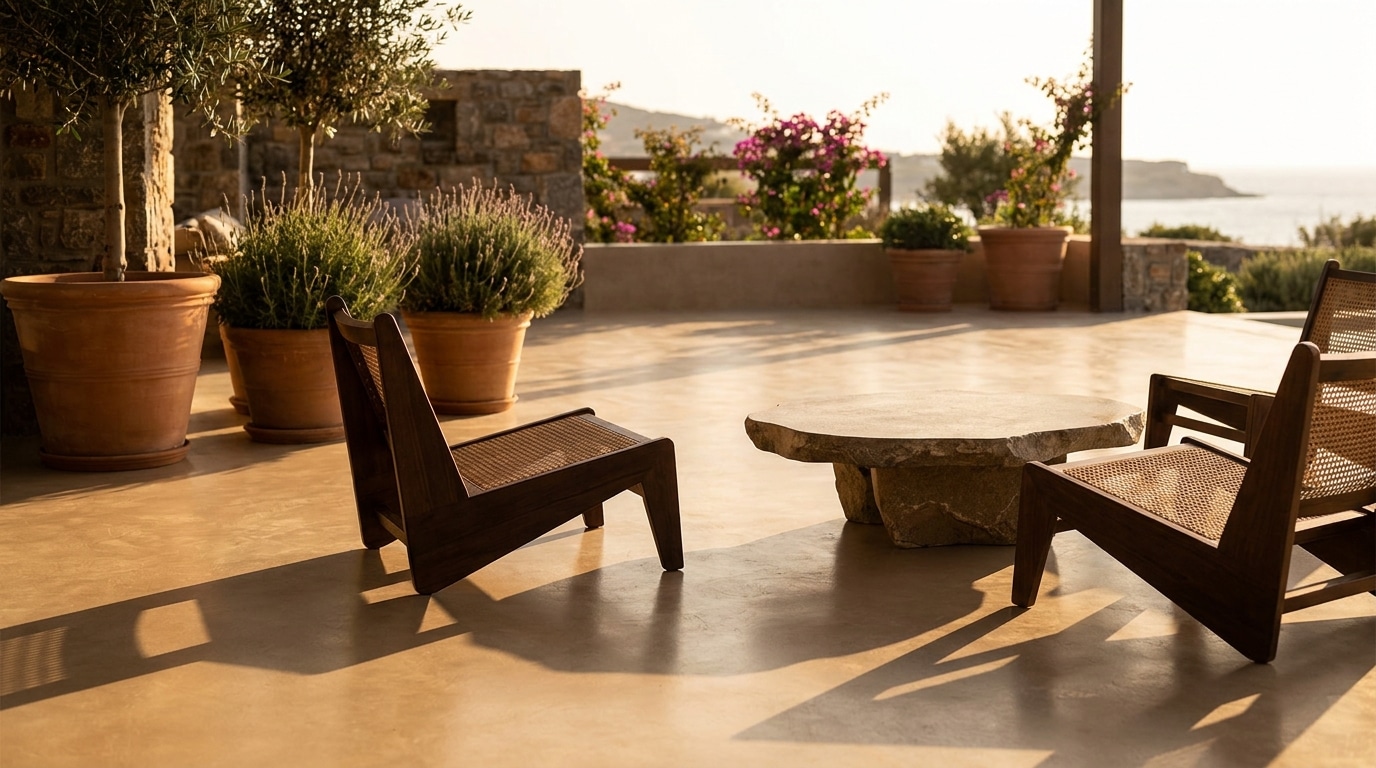 Terrasse en béton ciré lisse avec mobilier minimaliste au soleil couchant
