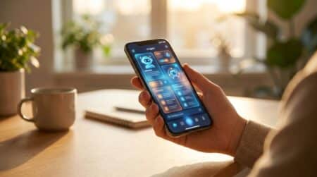 Smartphone affichant une interface d'application IA futuriste