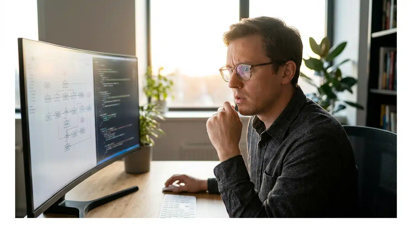 Personne concentrée devant un écran de workflows automatisés