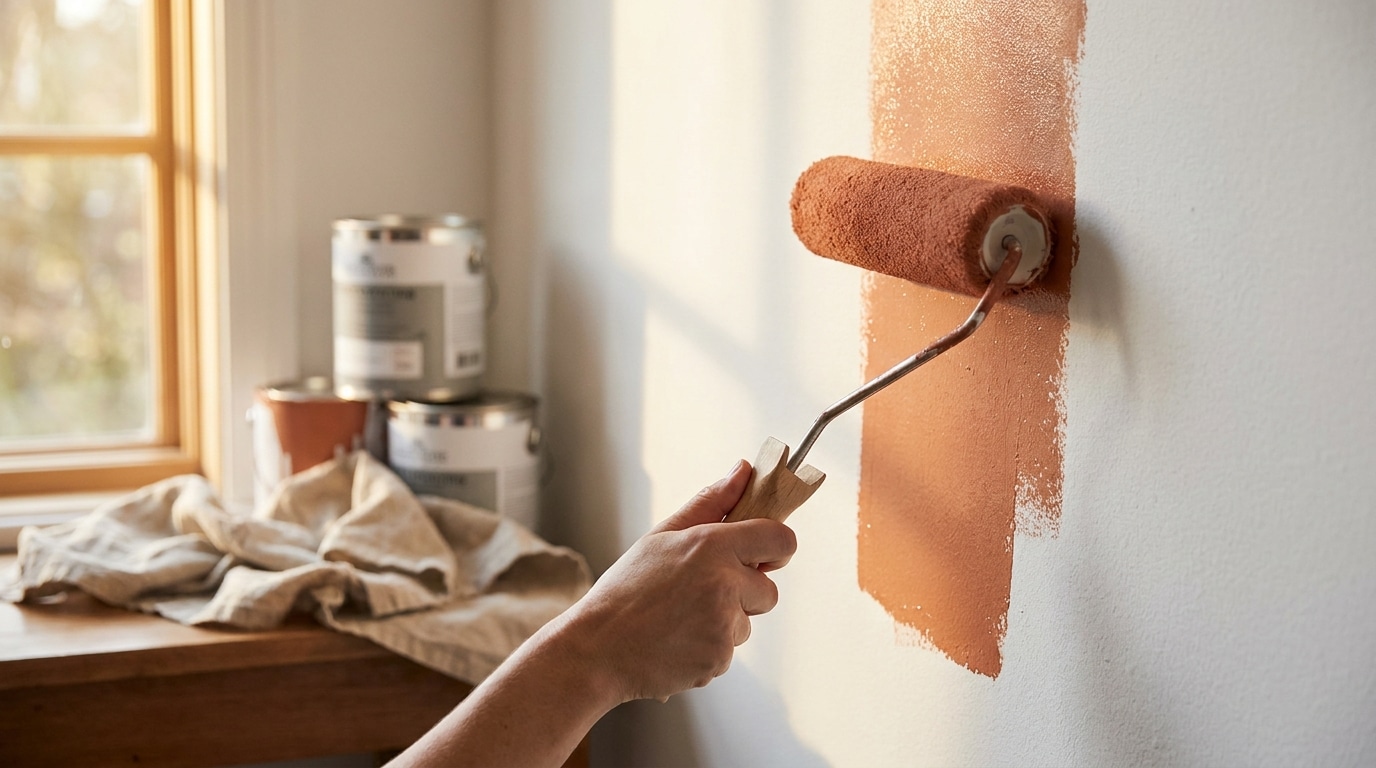 Main appliquant de la peinture terracotta sur un mur blanc