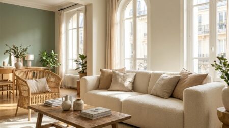 Salon lumineux avec canapé bouclé crème et fauteuil en rotin