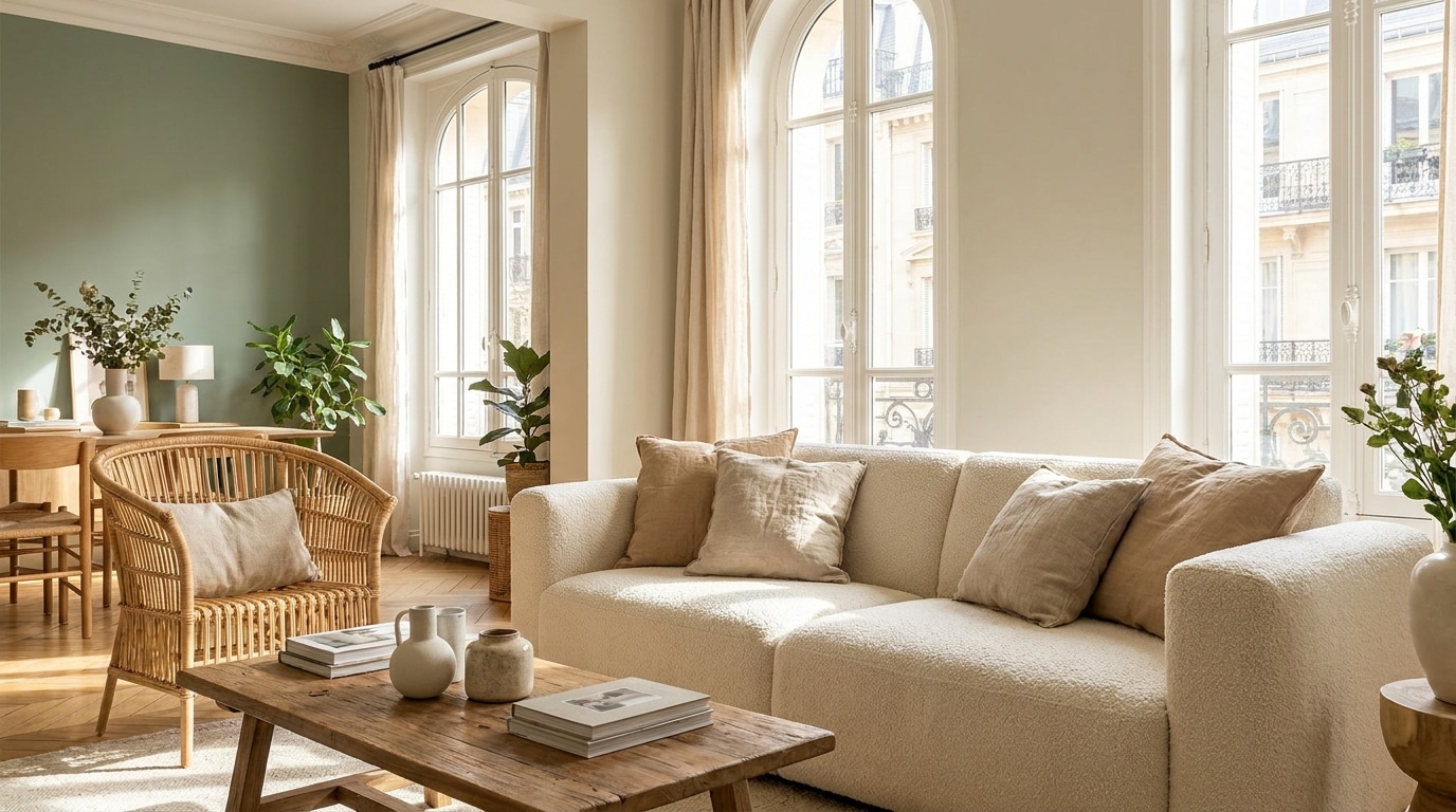 Salon lumineux avec canapé bouclé crème et fauteuil en rotin