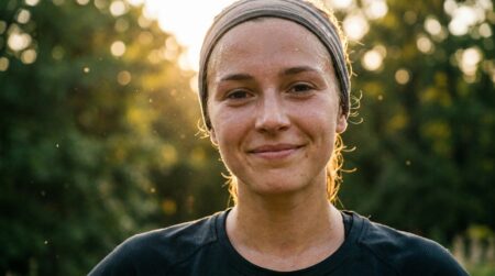 Visage d'une jeune coureuse souriante en plein effort au soleil