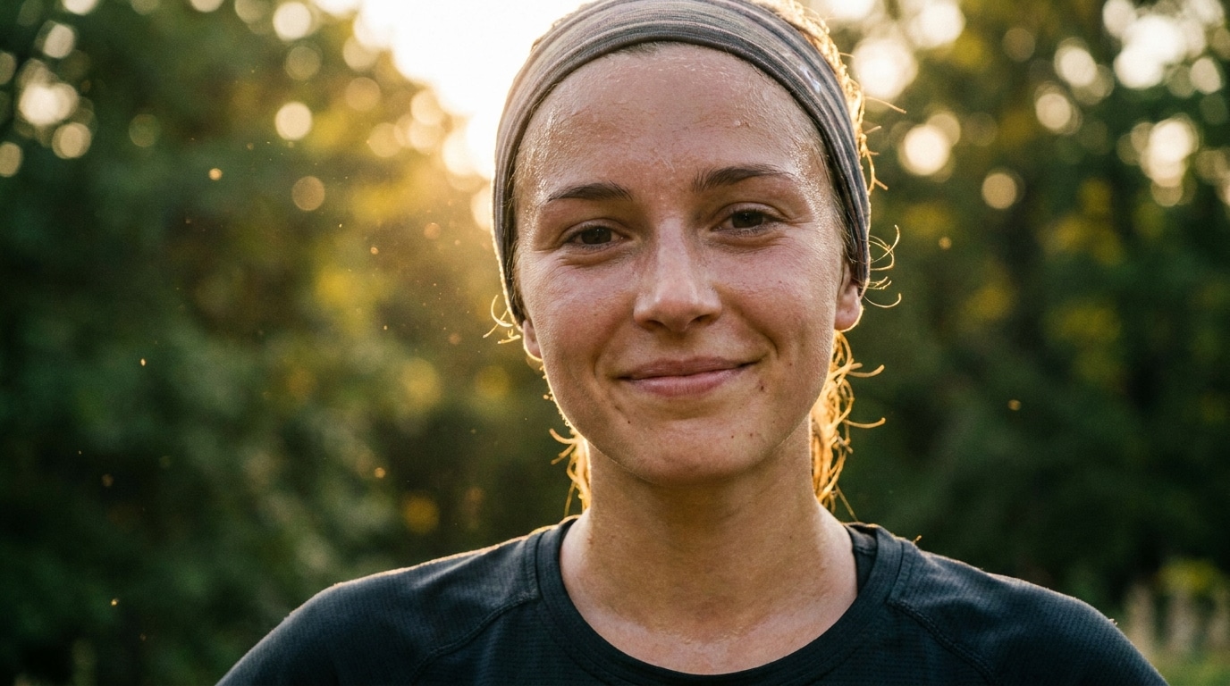 Visage d'une jeune coureuse souriante en plein effort au soleil