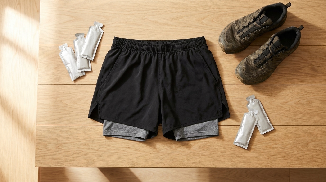 Short de running noir 2 en 1 posé à côté de chaussures de trail
