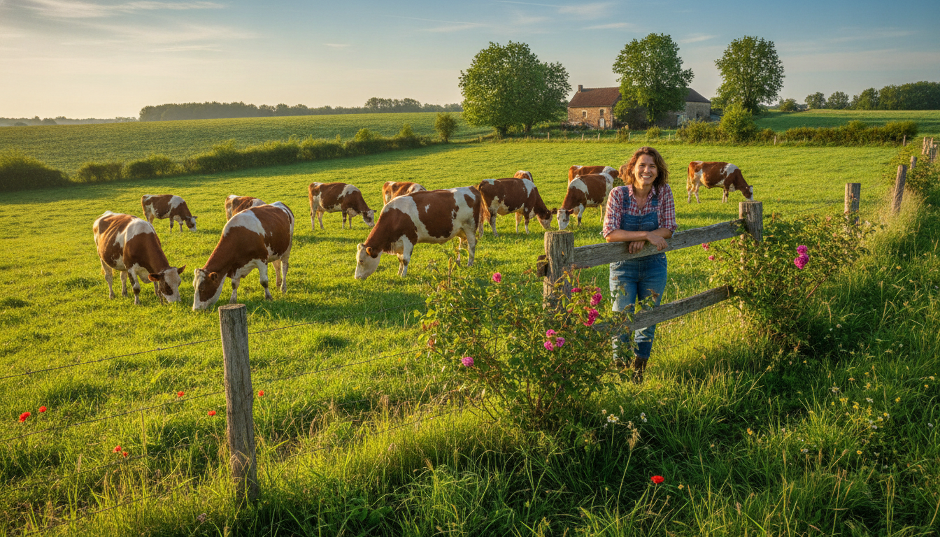Éleveuse souriante devant ses vaches laitières dans l'Ain