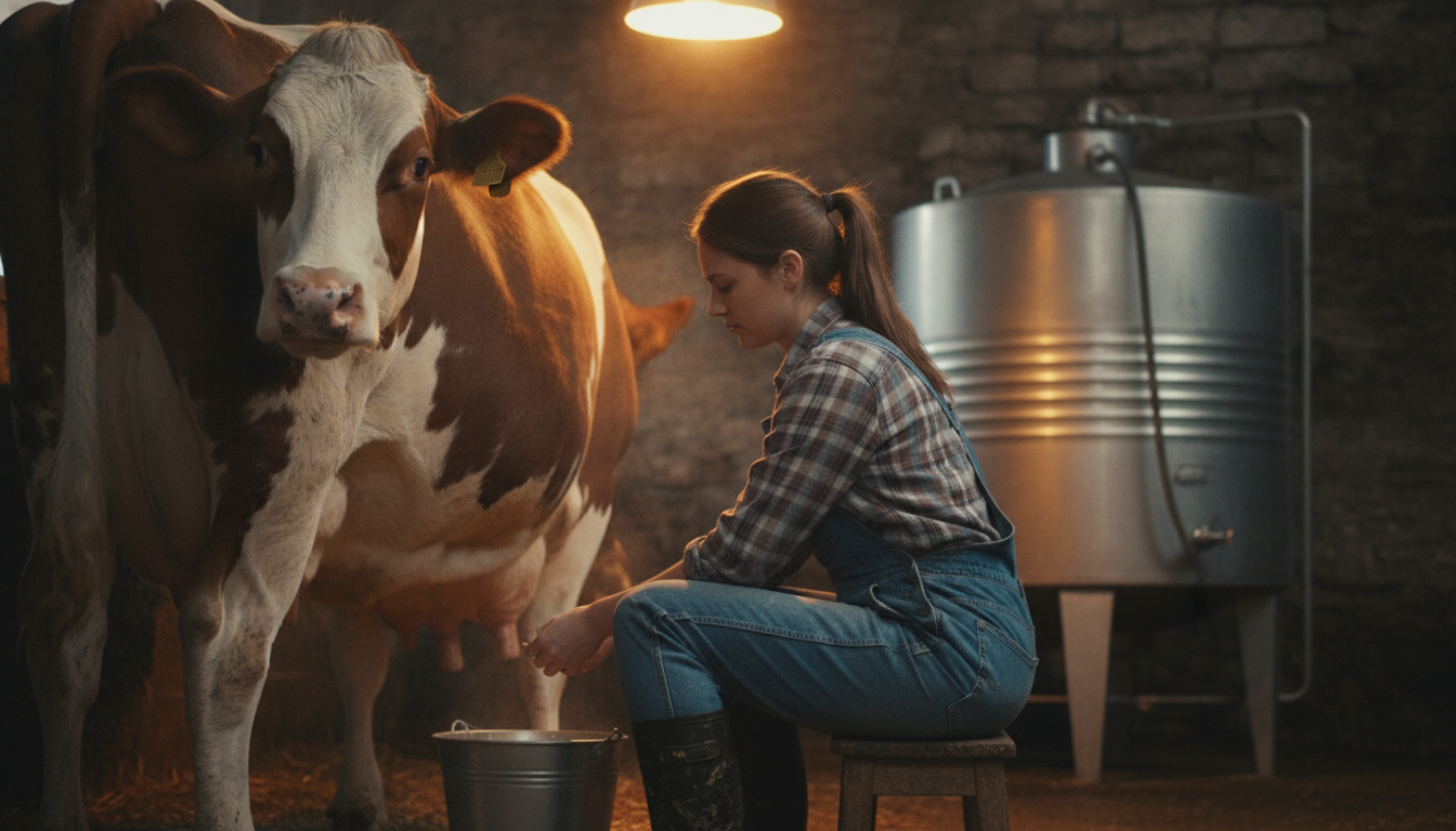 Traite d'une vache dans une exploitation laitière française