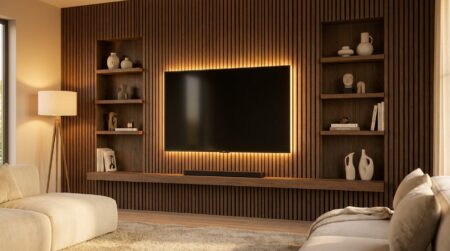 Mur TV en tasseaux de bois sombre avec éclairage LED intégré