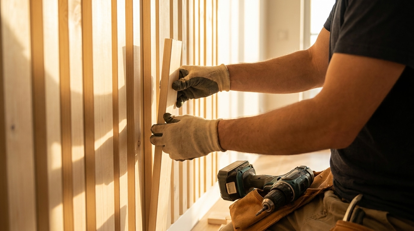 Mains installant des tasseaux de bois sur un mur de salon