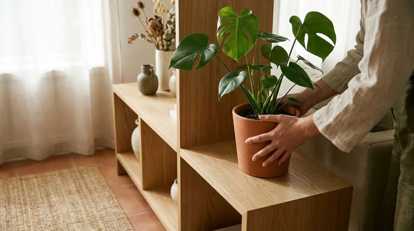 Mains posant une plante sur étagère de séparation