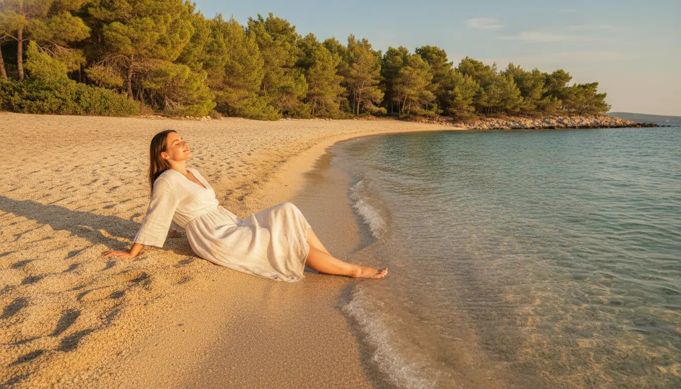 Femme sur la plage de sable fin de Palmizana en Croatie