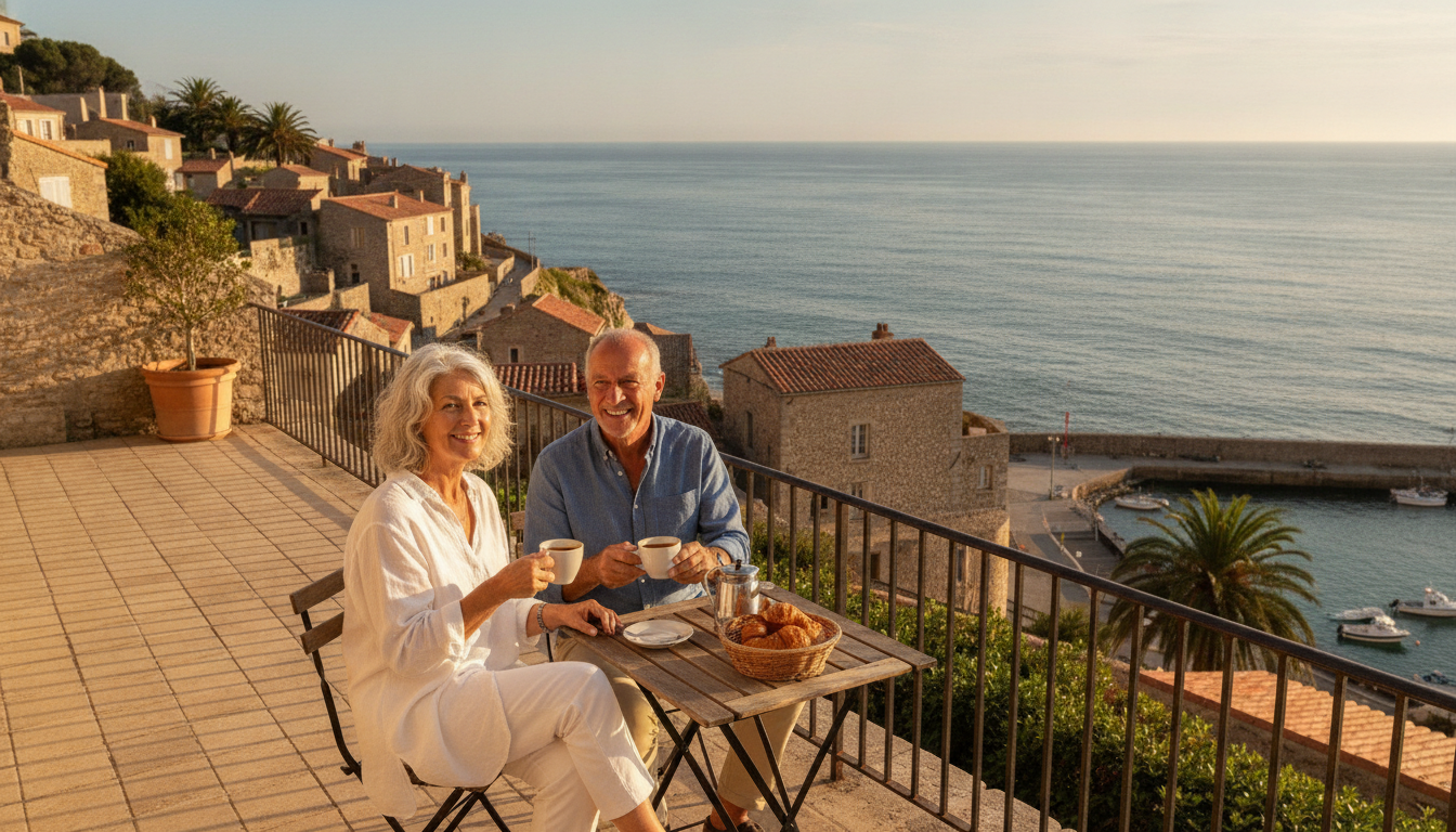 Couple de retraités sur une terrasse face à l'Atlantique