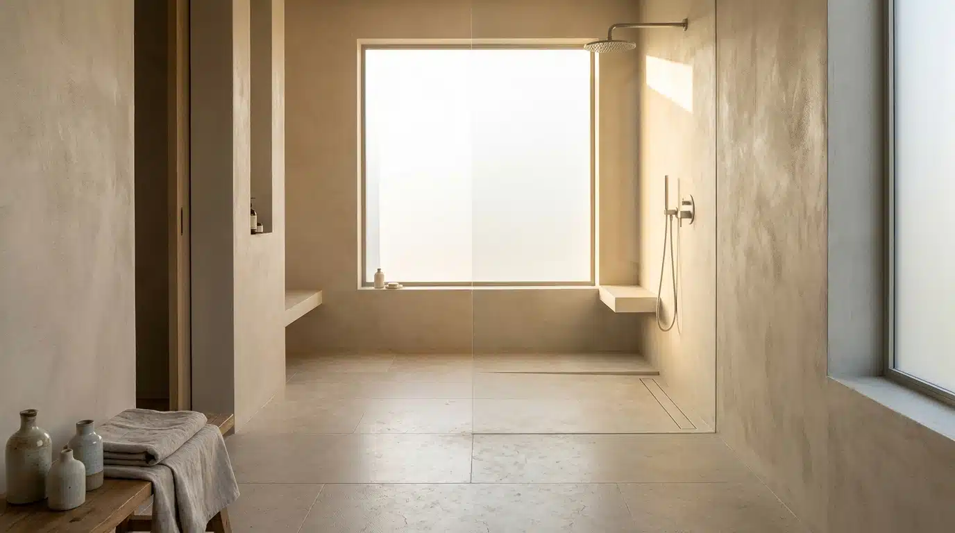 Douche italienne moderne avec sol continu et drainage linéaire