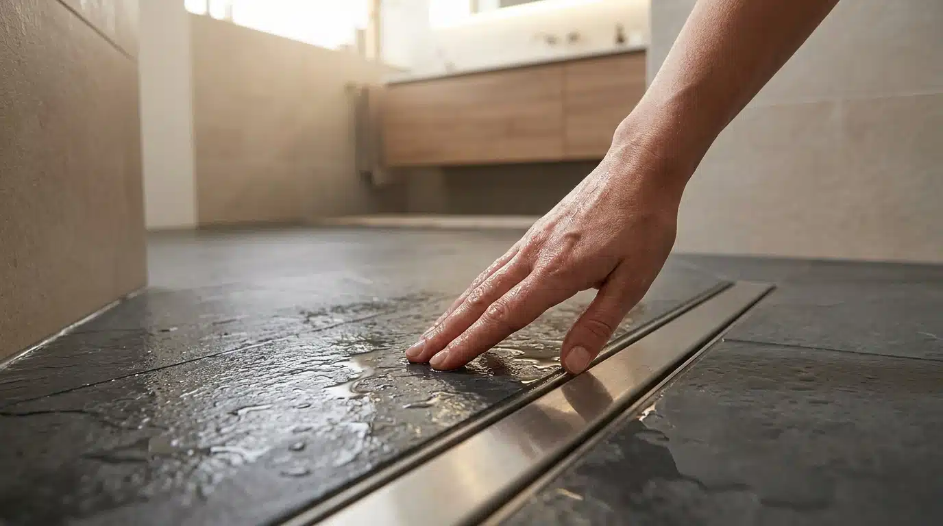 Main effleurant le carrelage au sol d'une douche italienne
