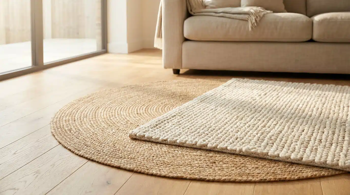 Deux tapis ronds superposés sur un parquet de salon lumineux