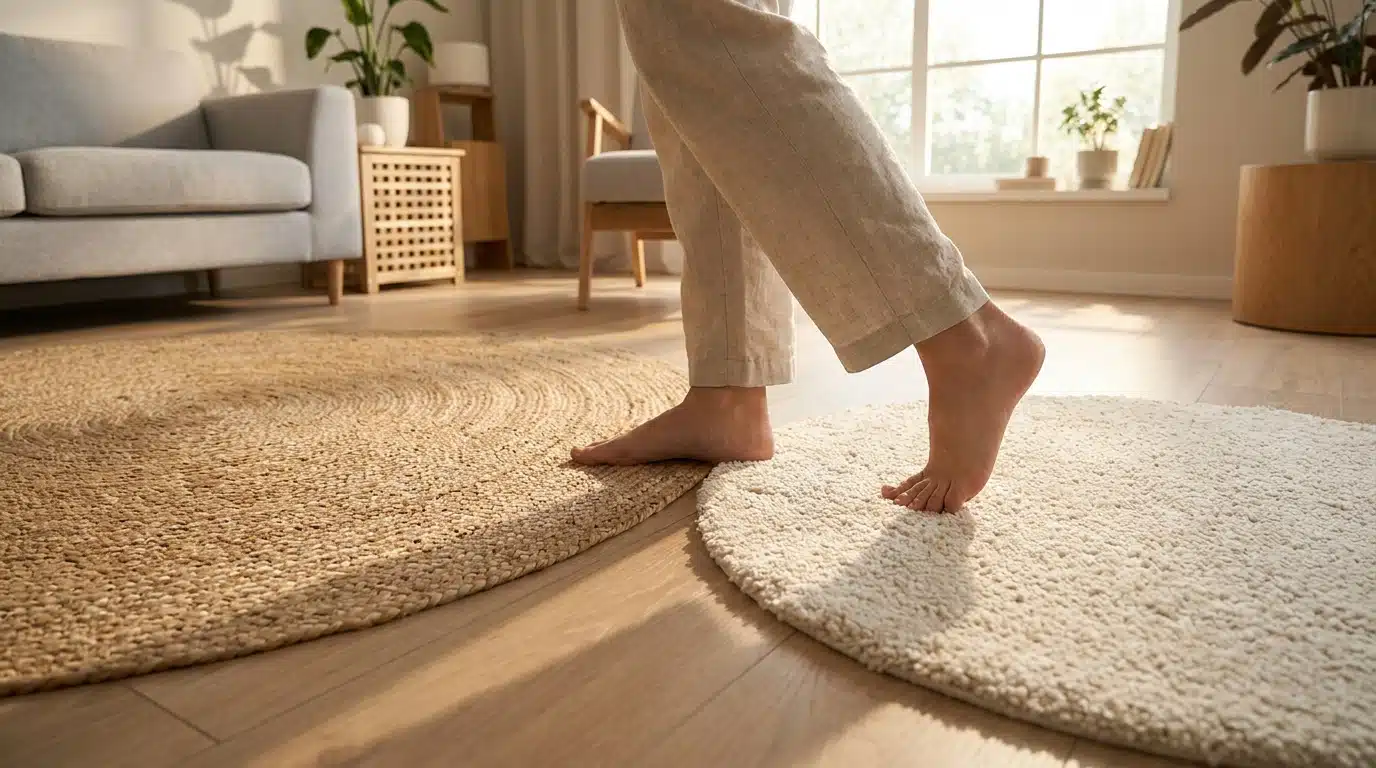 Pieds nus sur deux tapis ronds de textures différentes