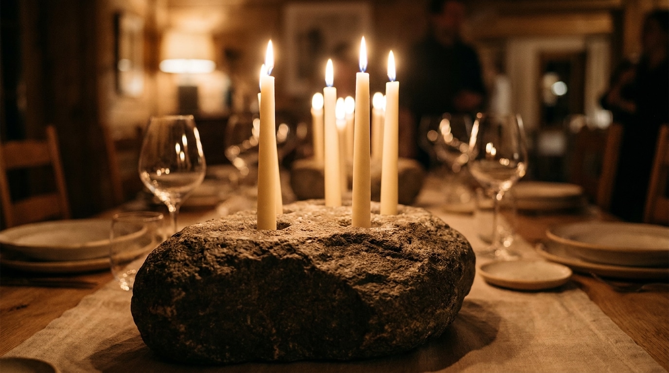 Bougies allumées dans un chandelier en pierre sur table de dîner
