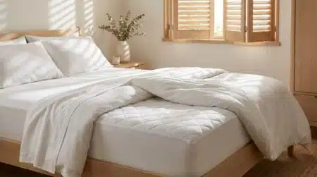 Protège-matelas blanc posé sur un lit en été