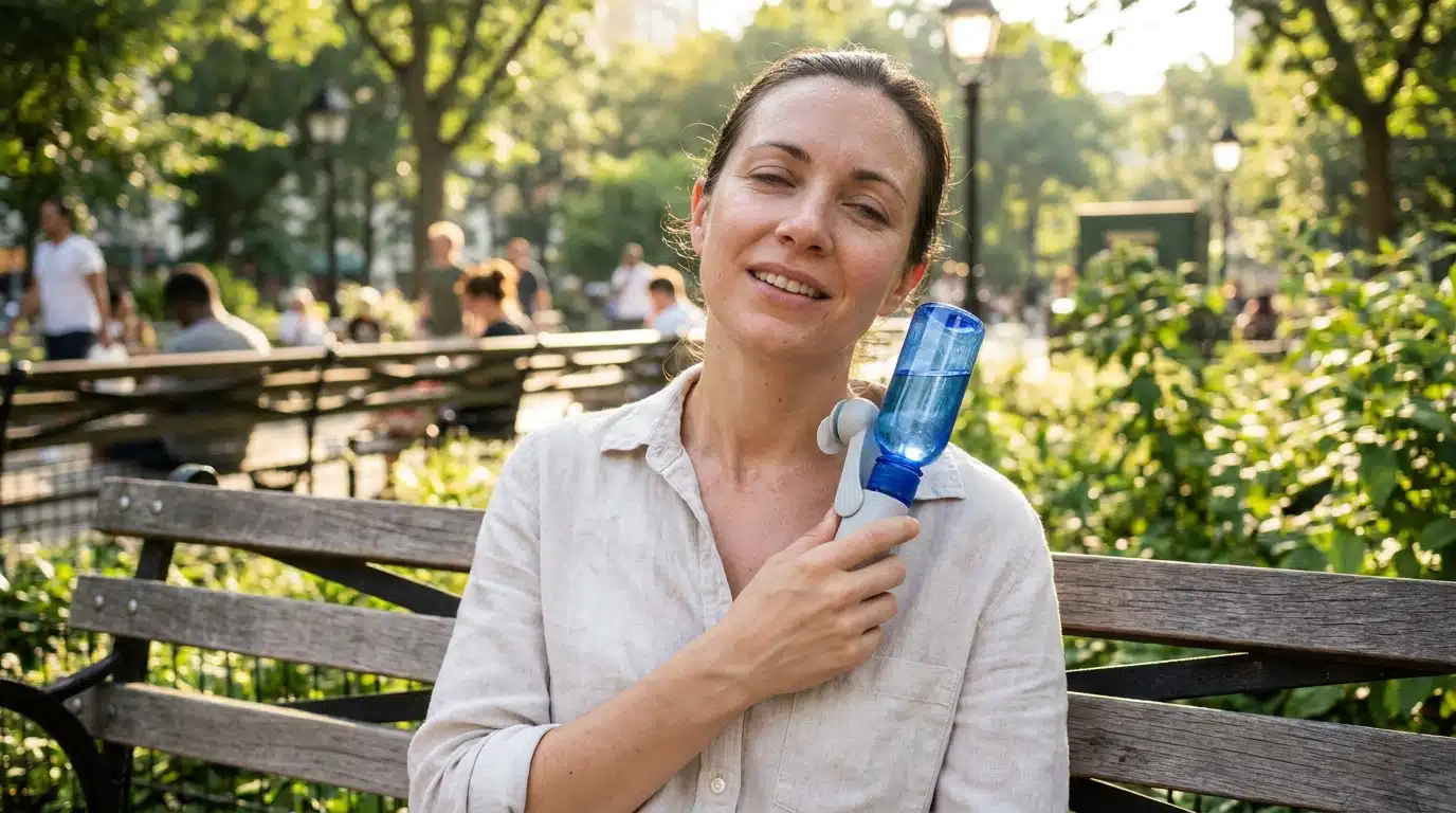 Femme se rafraîchissant la nuque avec un brumisateur sur un banc