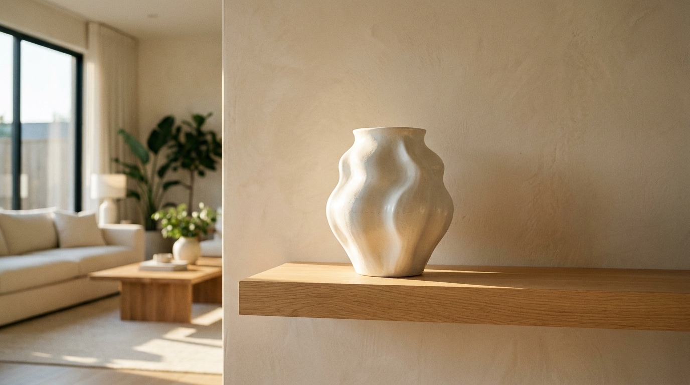 Vase sculptural blanc mat posé sur étagère flottante en chêne