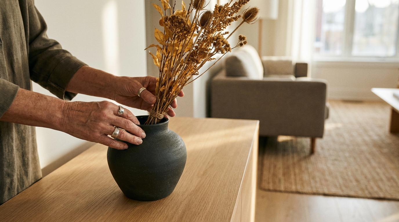 Mains plaçant des branches dorées dans un vase céramique graphite