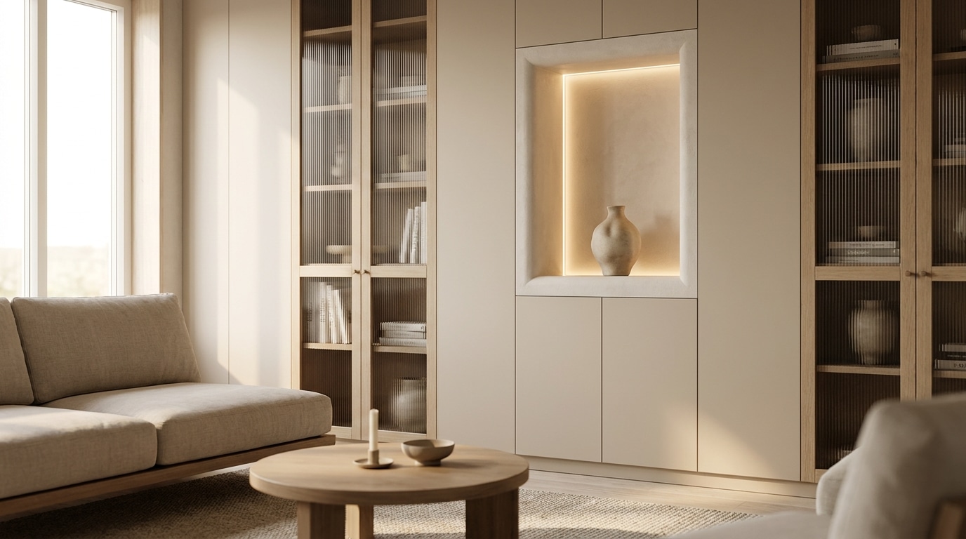 Salon moderne avec rangements fermés et verre cannelé