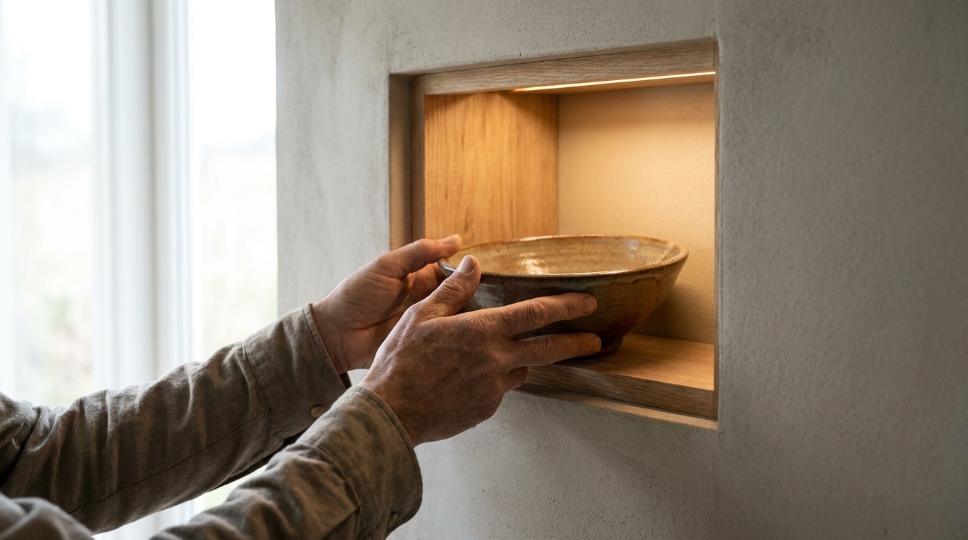 Mains posant un bol artisanal dans une niche murale éclairée