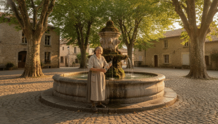 Fontaine ancienne en pierre sur une place de village français