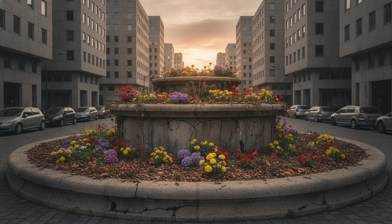 Fontaine publique à sec remplie de feuilles mortes en ville
