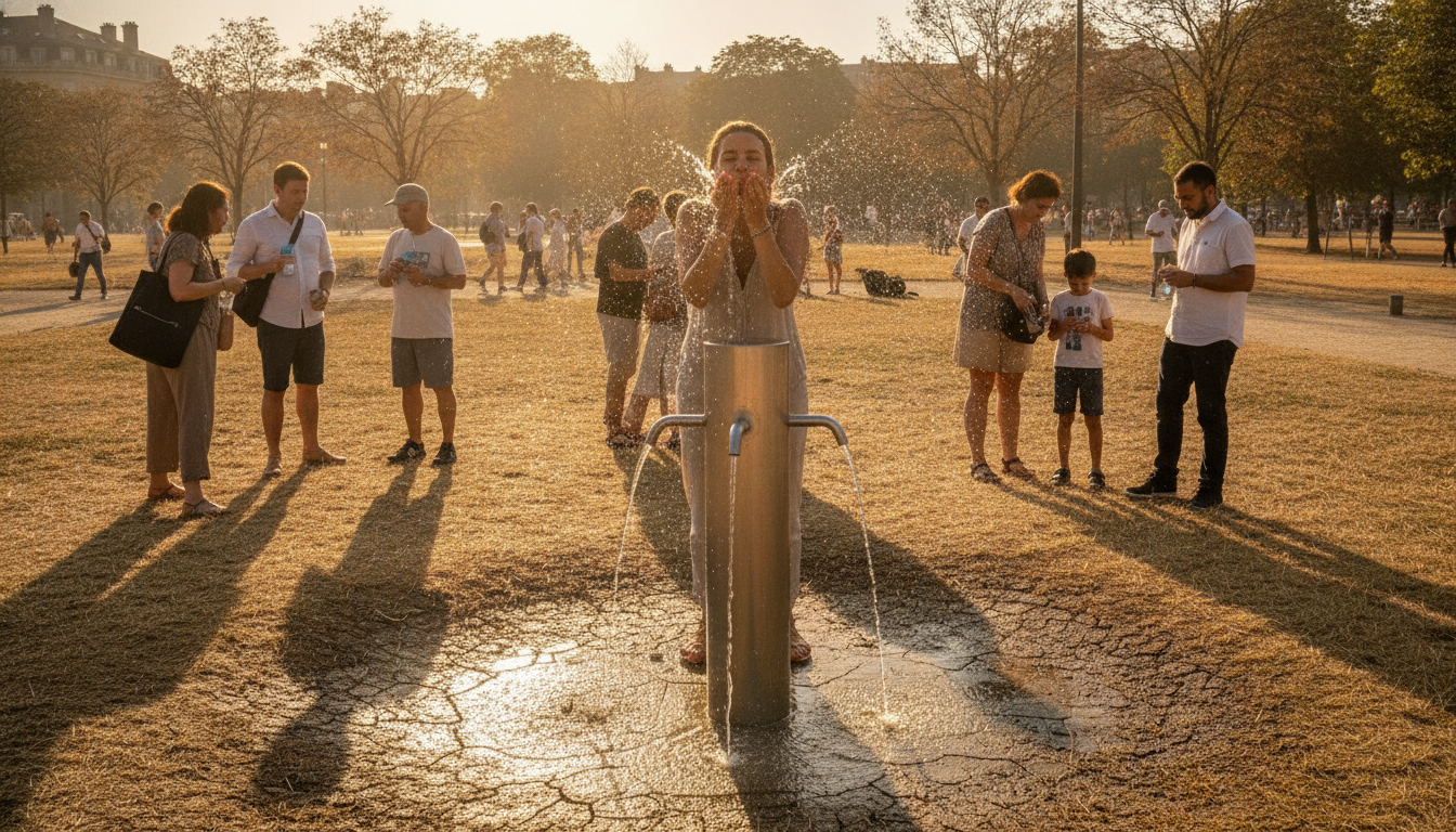 Passants se rafraîchissant à une fontaine moderne pendant une canicule