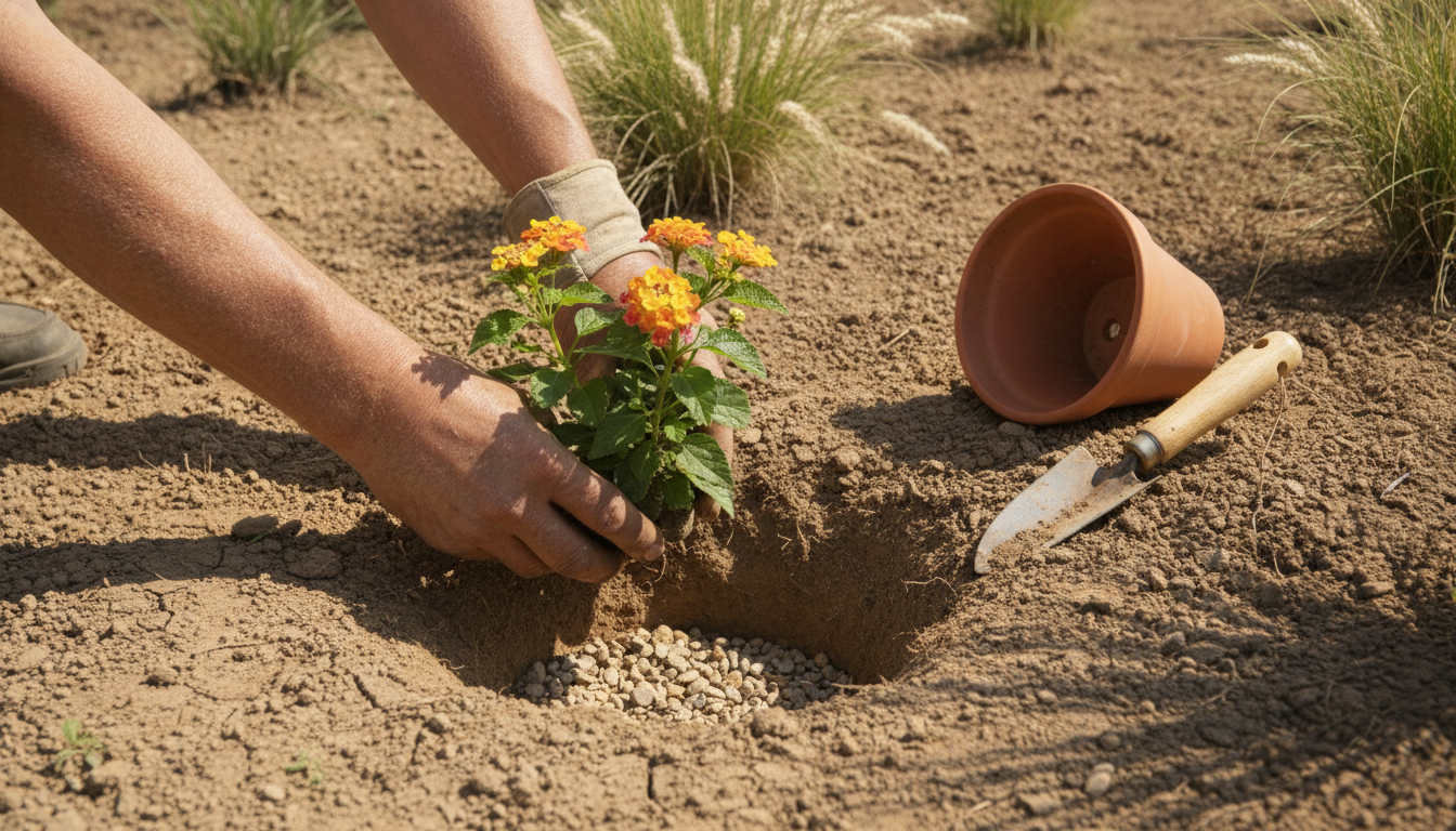 Plantation d'un lantana en pleine terre au jardin en juin