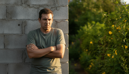 Personne devant un mur de parpaings disgracieux dans un jardin