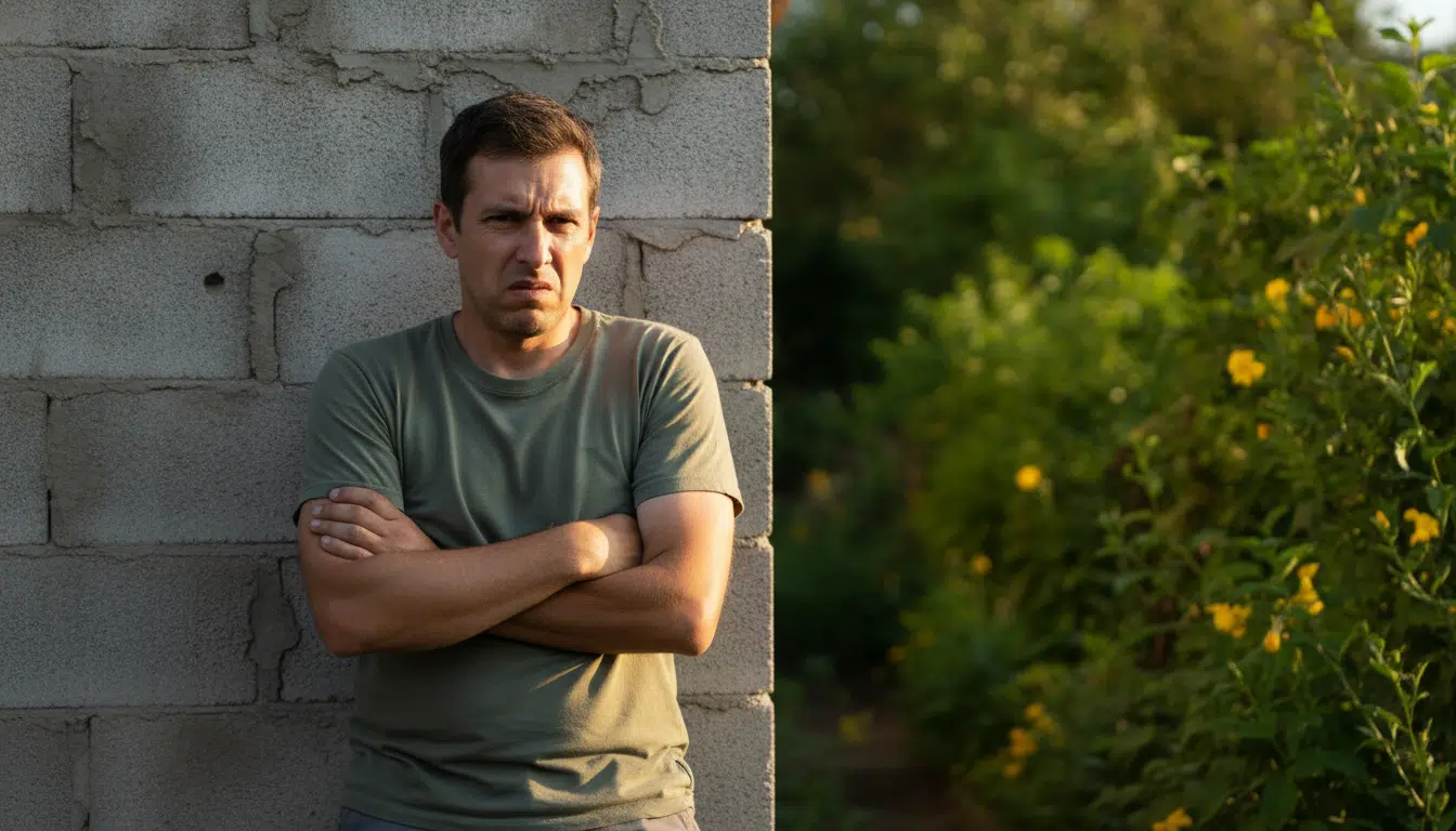 Personne devant un mur de parpaings disgracieux dans un jardin