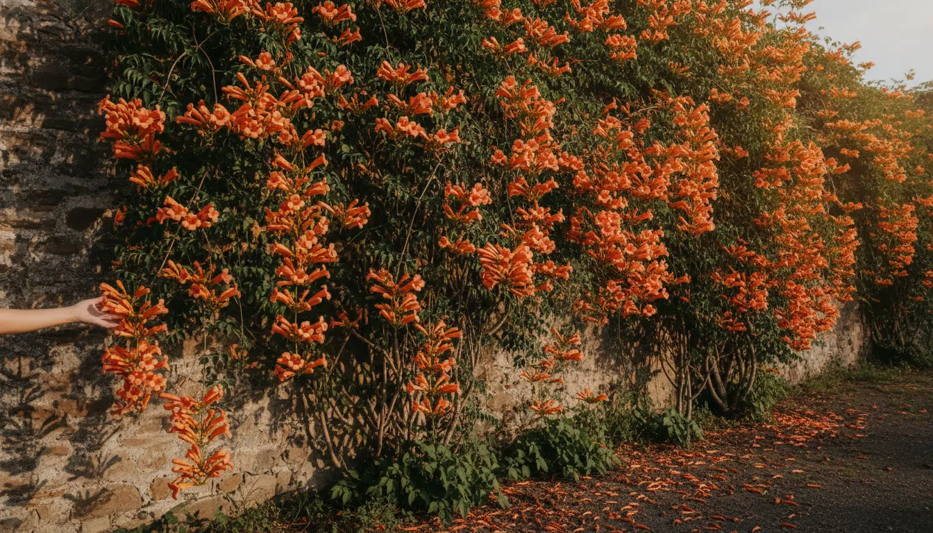 Fleurs orange de bignone couvrant un mur de jardin en été